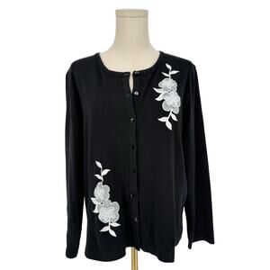 Y2K Vintage Isaacs Designs Floral Applique Embroidered Cotton Cardigan Sweater M